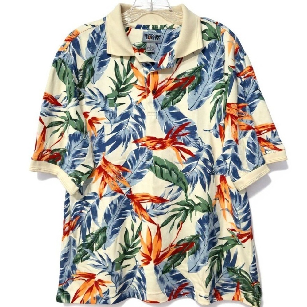 Windham Pointe Tropical‎ Bird of Paradise Floral Polo, White Blue Shirt, Men's S